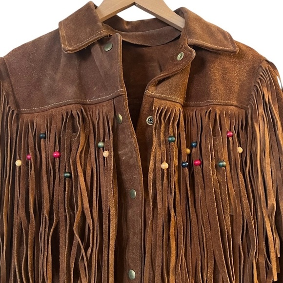 Vintage rust brown beaded fringed suede Western Native American jacket - Picture 2 of 6